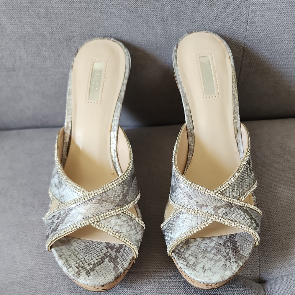 Guess Snakeskin Pattern Mules with Gold Accents